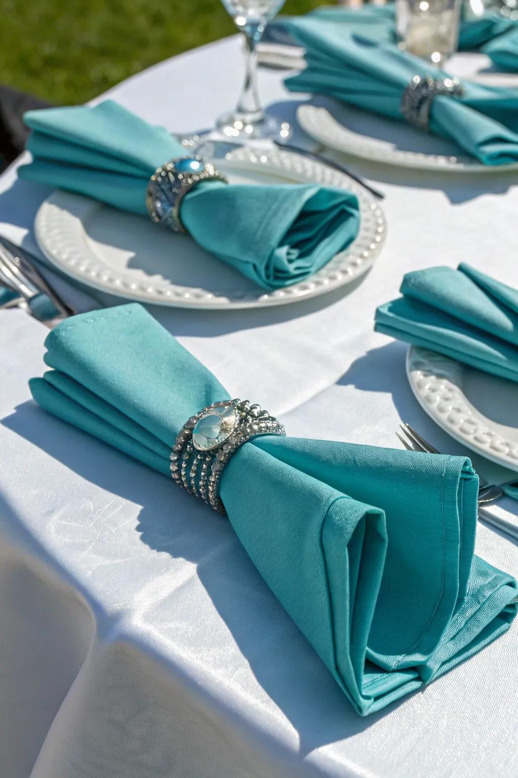 Cerulean napkins with ornamental rings add sophistication and style.