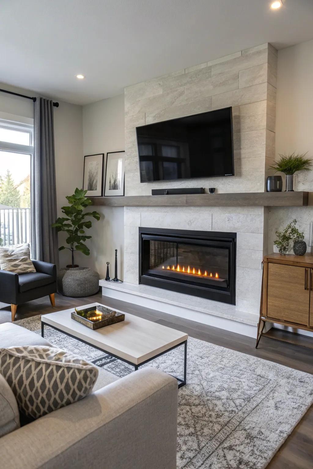 A TV and fire feature blend offering both warmth and style.