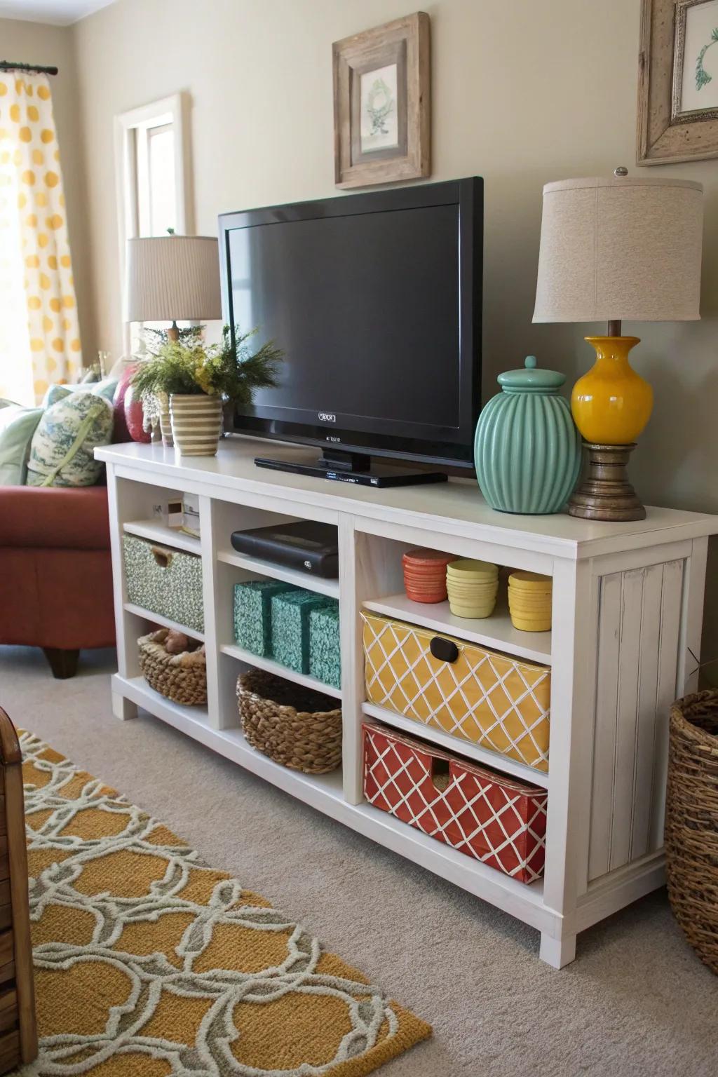 Color coordination ties the TV area into the room's overall design.