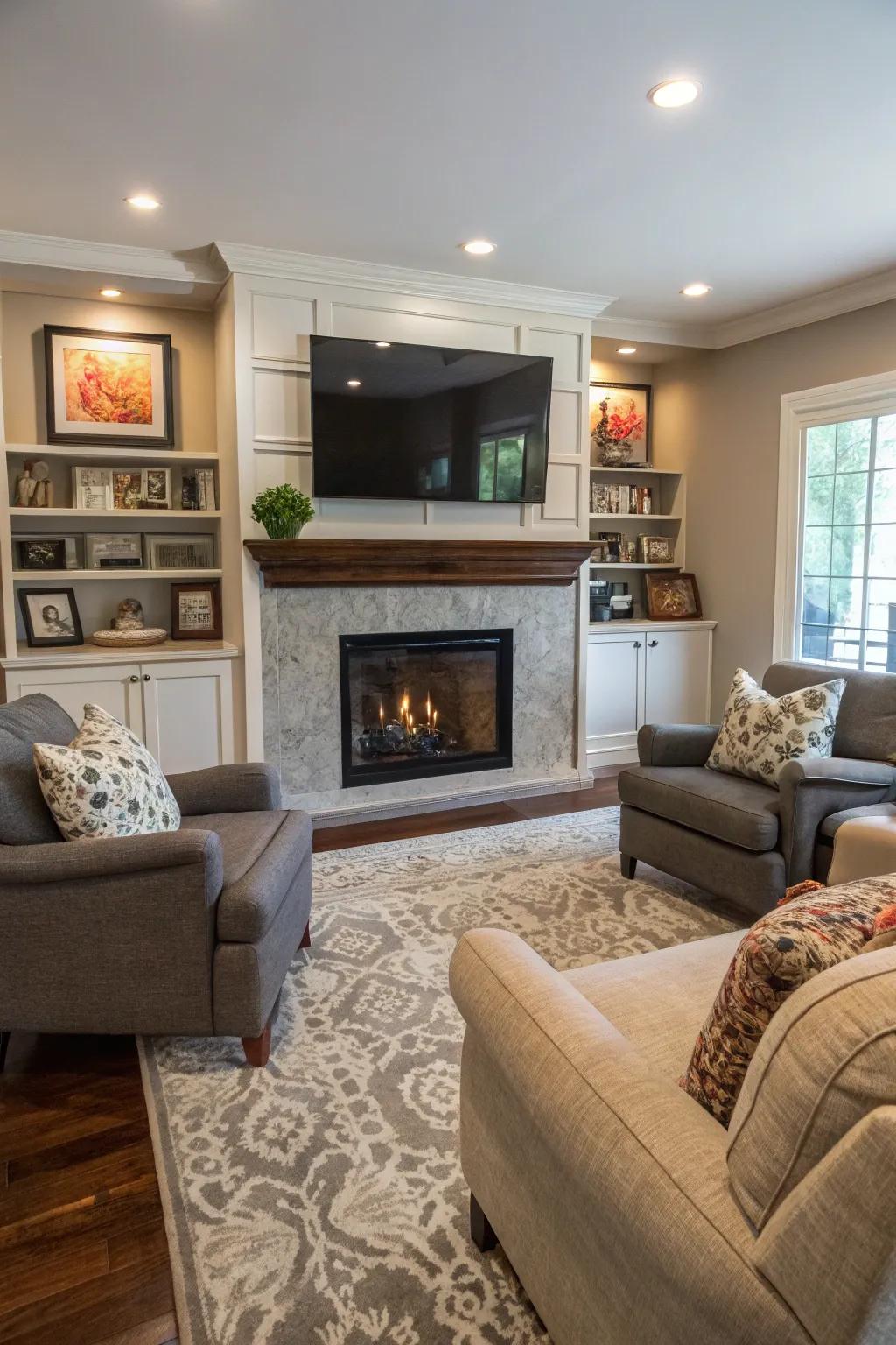 Combine warmth and entertainment with a fireplace integration.