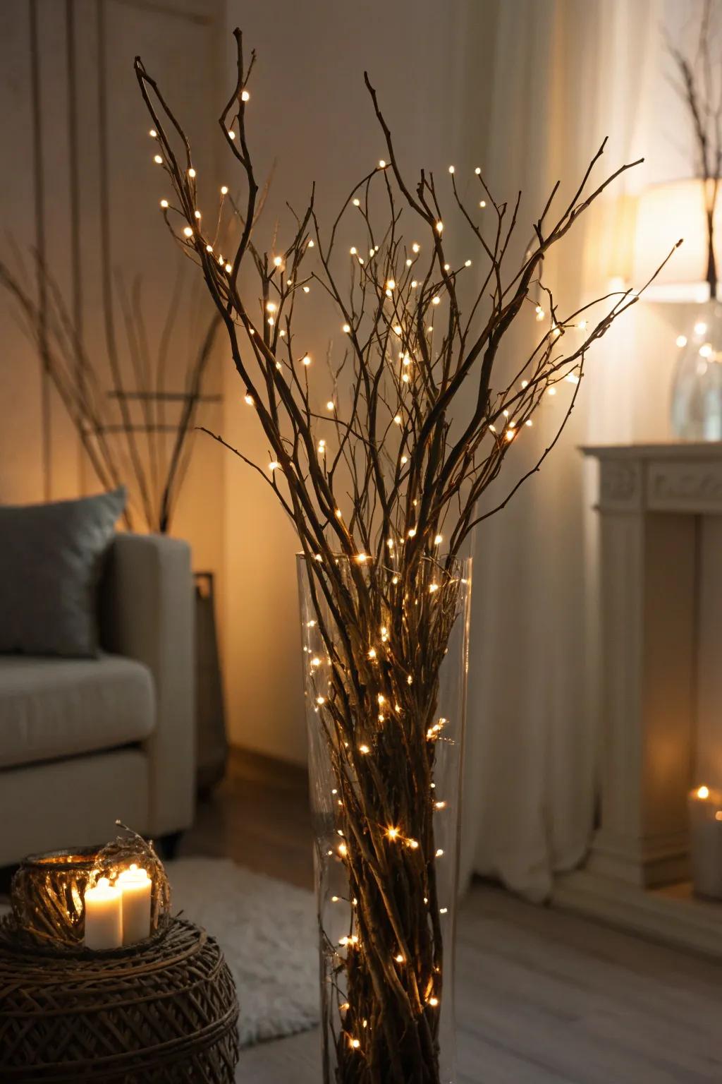 Branches encircled in starry lights for a magical nightly presentation.