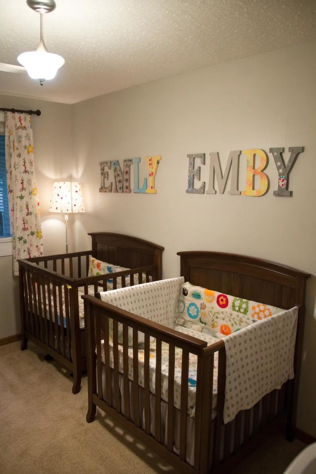 Personalized wall art introduces a unique element to each twin's area.