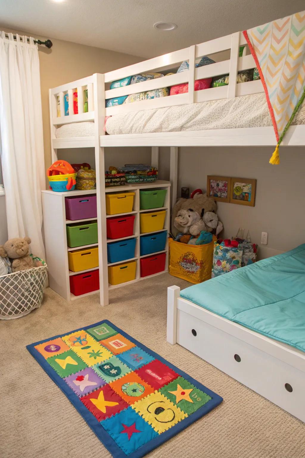 A creative play zone under the bunk bed.