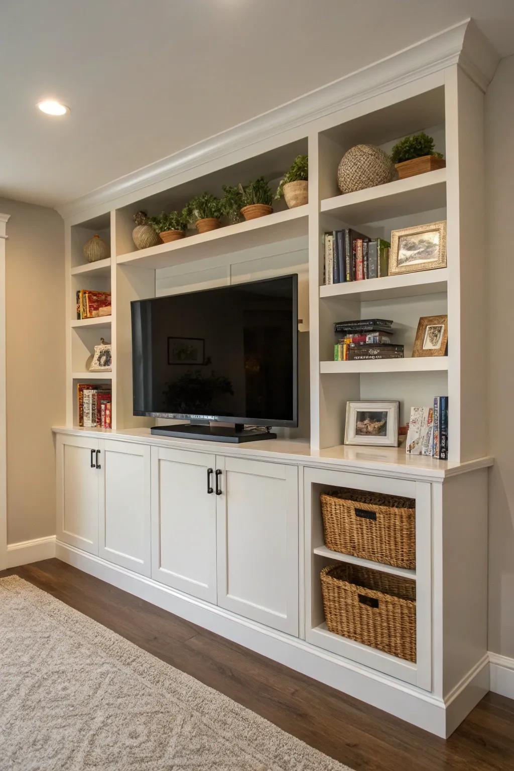 Integrated shelving delivers elegance and function underneath your TV.