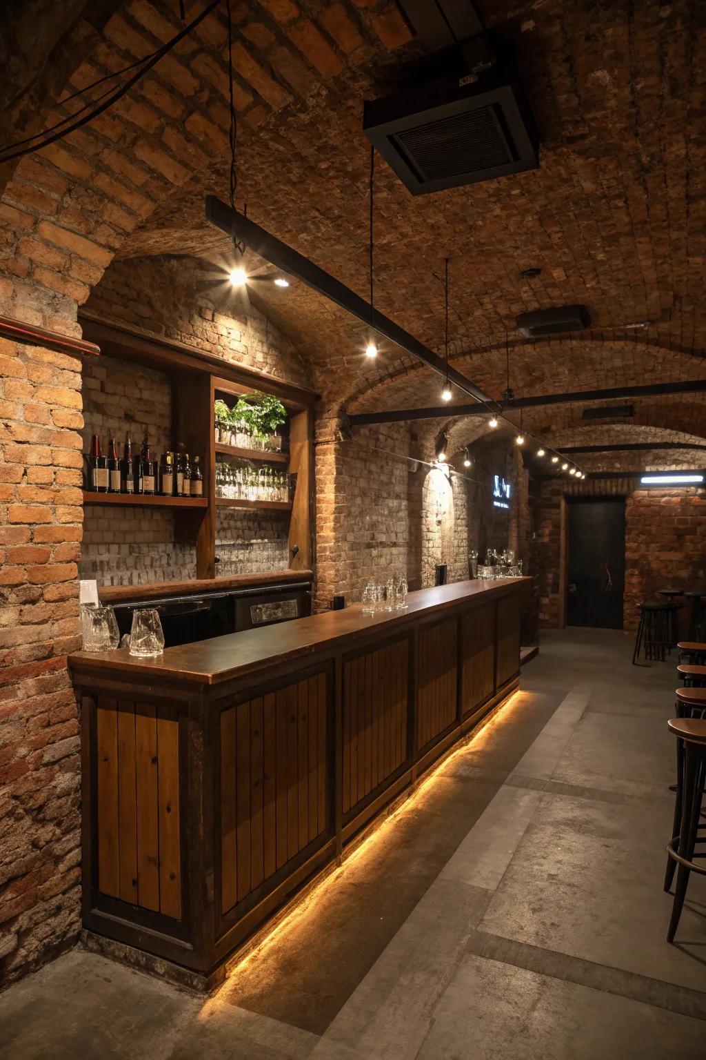 Brick details provide a countryside charm to the basement bar.
