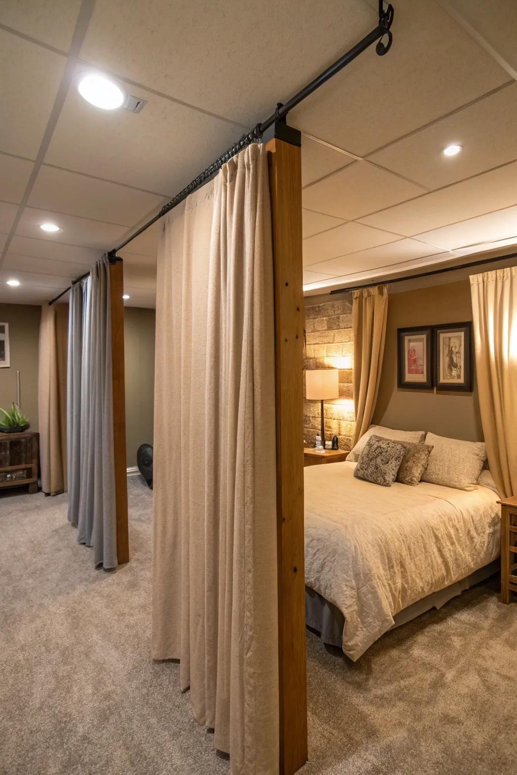 Curtains can elegantly divide space and enhance privacy.