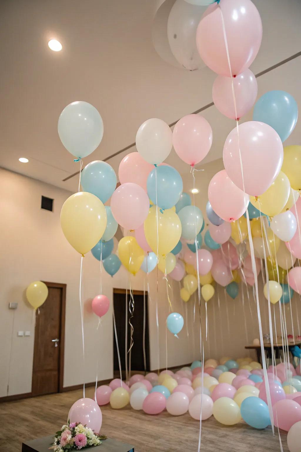 Soft tone balloons creating an enchanting sparkle horse party scene.
