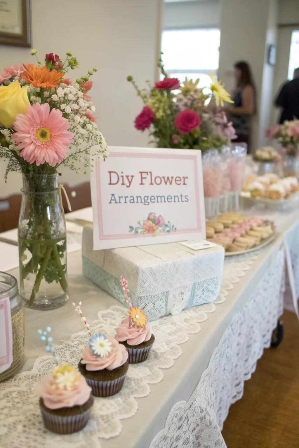 A creatively arranged table featuring self-made floral designs and personal aspects.