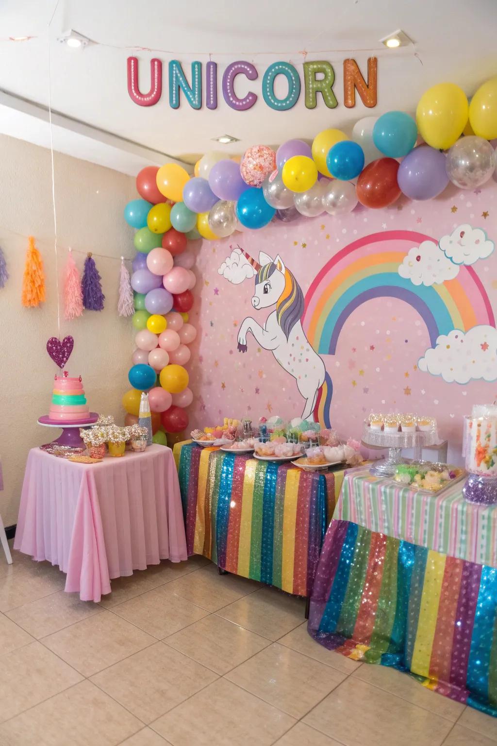 Step into a magical unicorn wonderland filled with rainbows and sparkle.