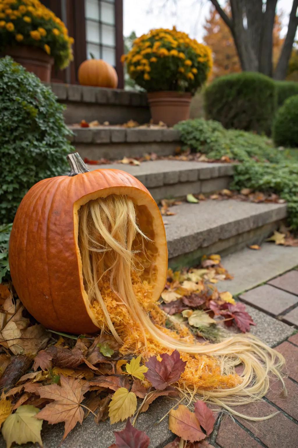 A pumpkin sporting a wild hairdo made from its own guts.