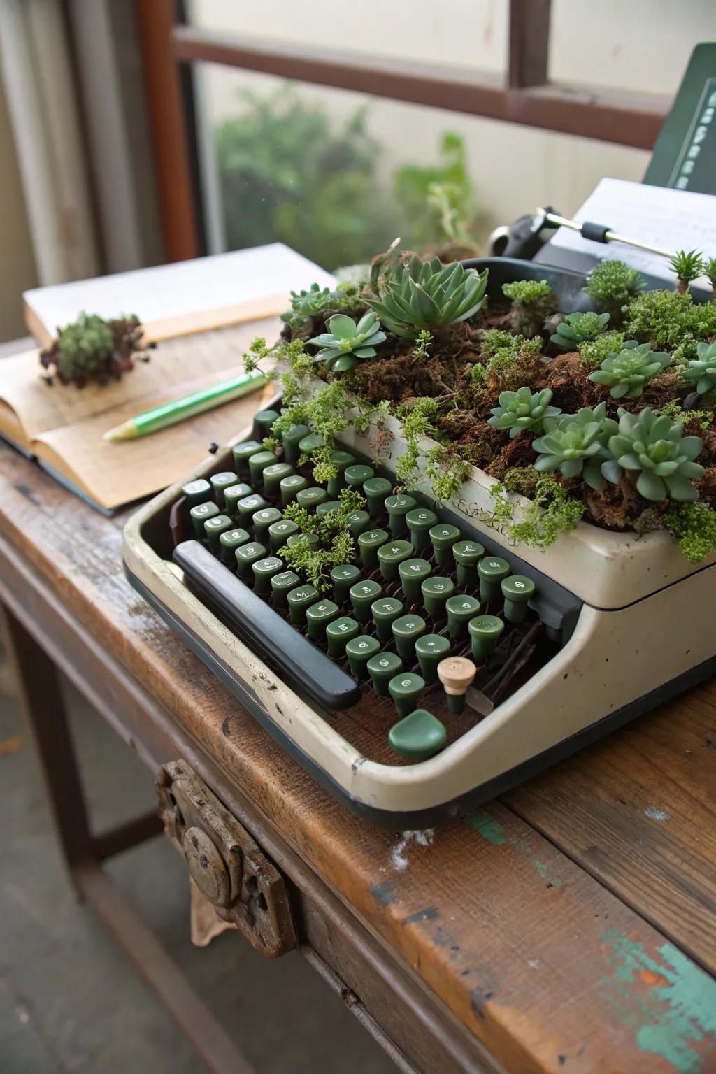 A retro typewriter reimagined as an inventive succulent planter, ideal for injecting a dose of nostalgia.