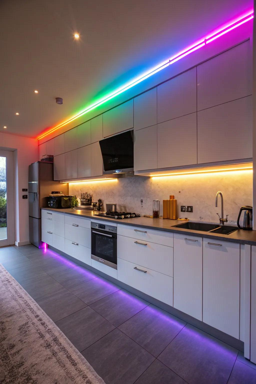 Color-changing LED strips bring a playful element to the kitchen.