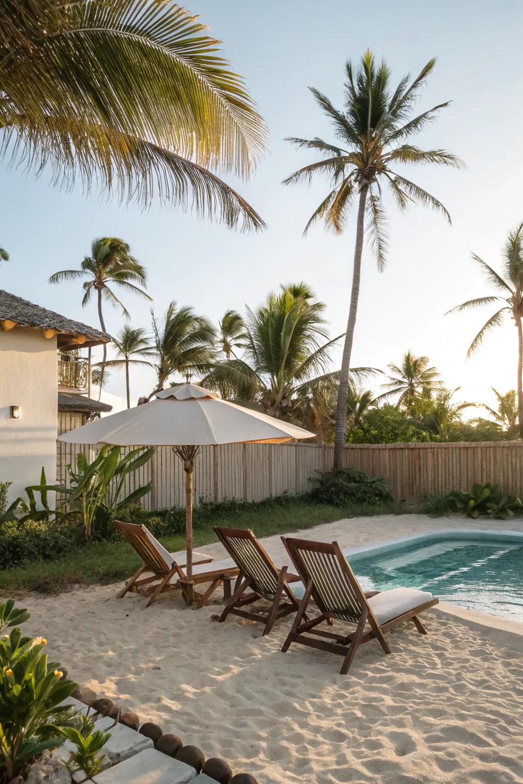 Transform your backyard into a coastal escape with a sand-based beach area.