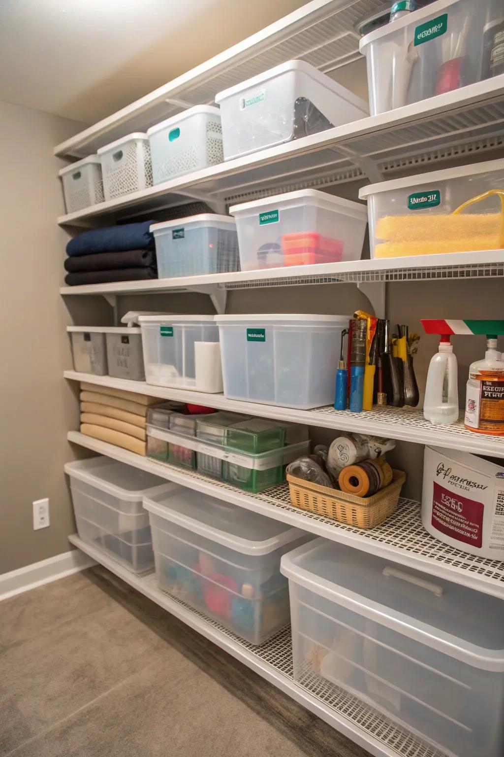 Clear bins keep your closet organized and make it simple to find things.