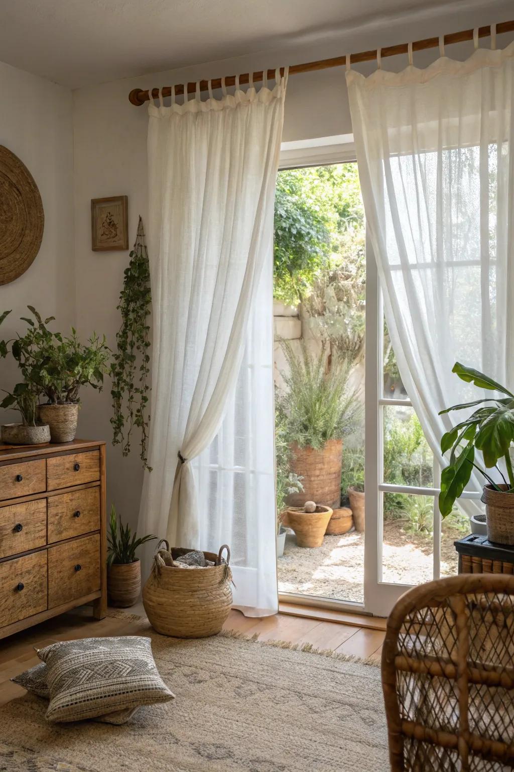 A window fitted with a hemp valance in a nature-focused living space.
