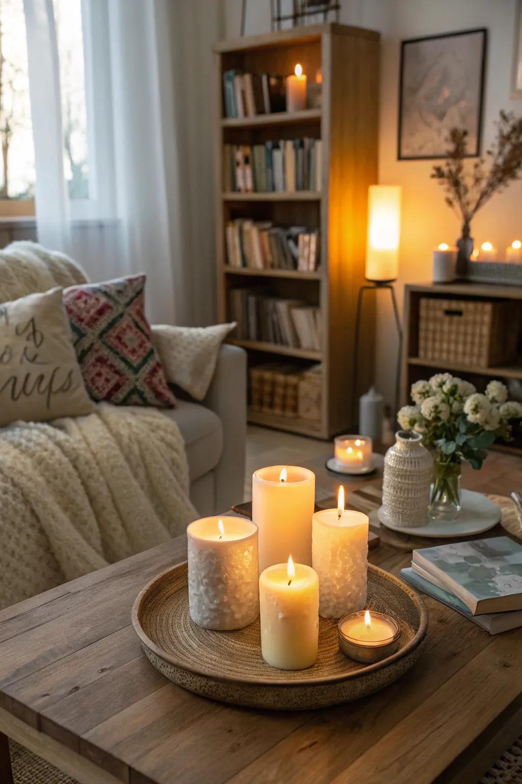 Flame lights set the tone for a comfortable Valentine's evening.