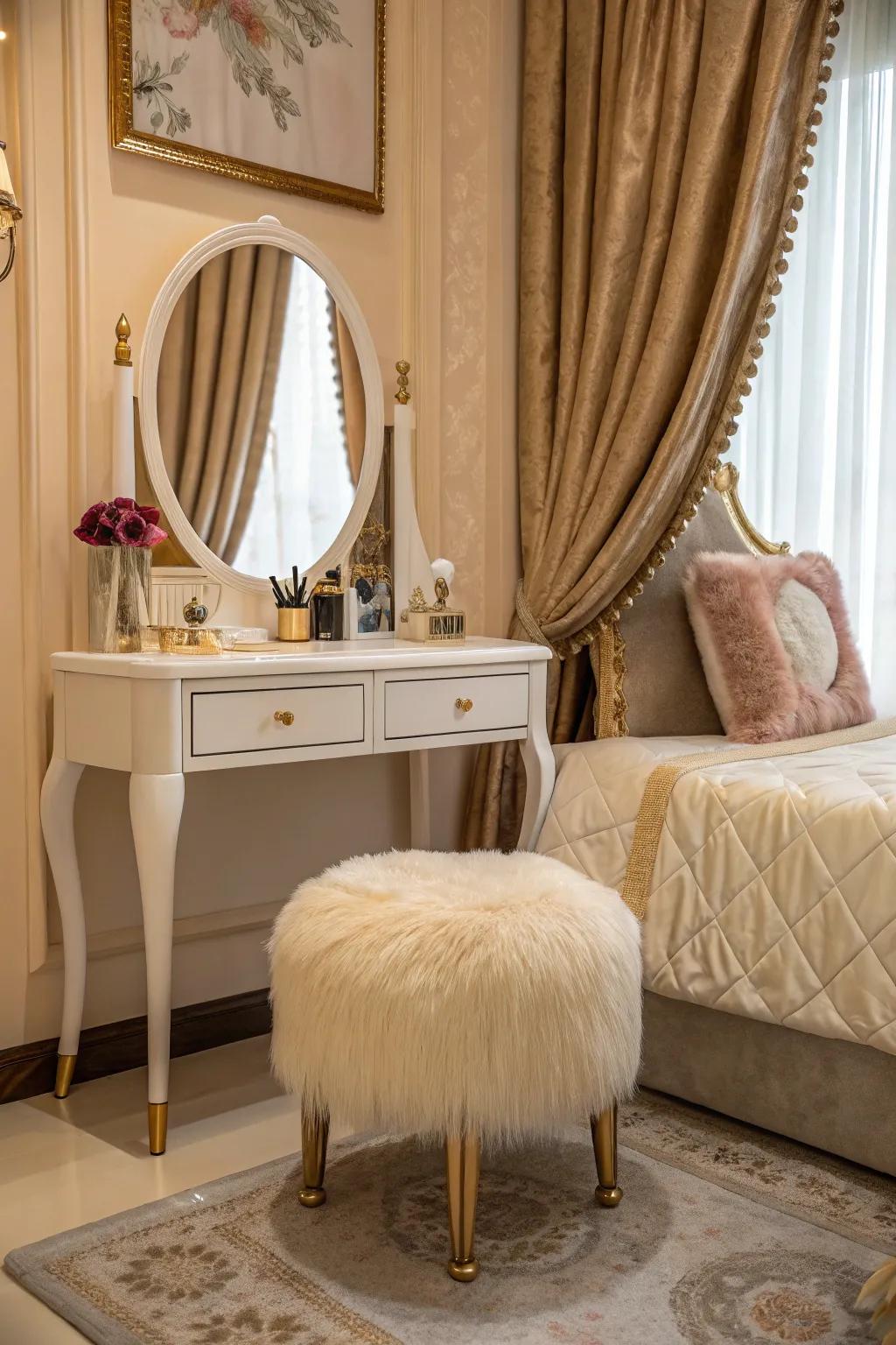 A soft, furry stool introduces style and comfort.