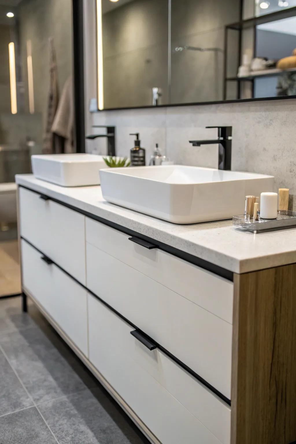 A modern vanity with clean, minimalistic aesthetics.