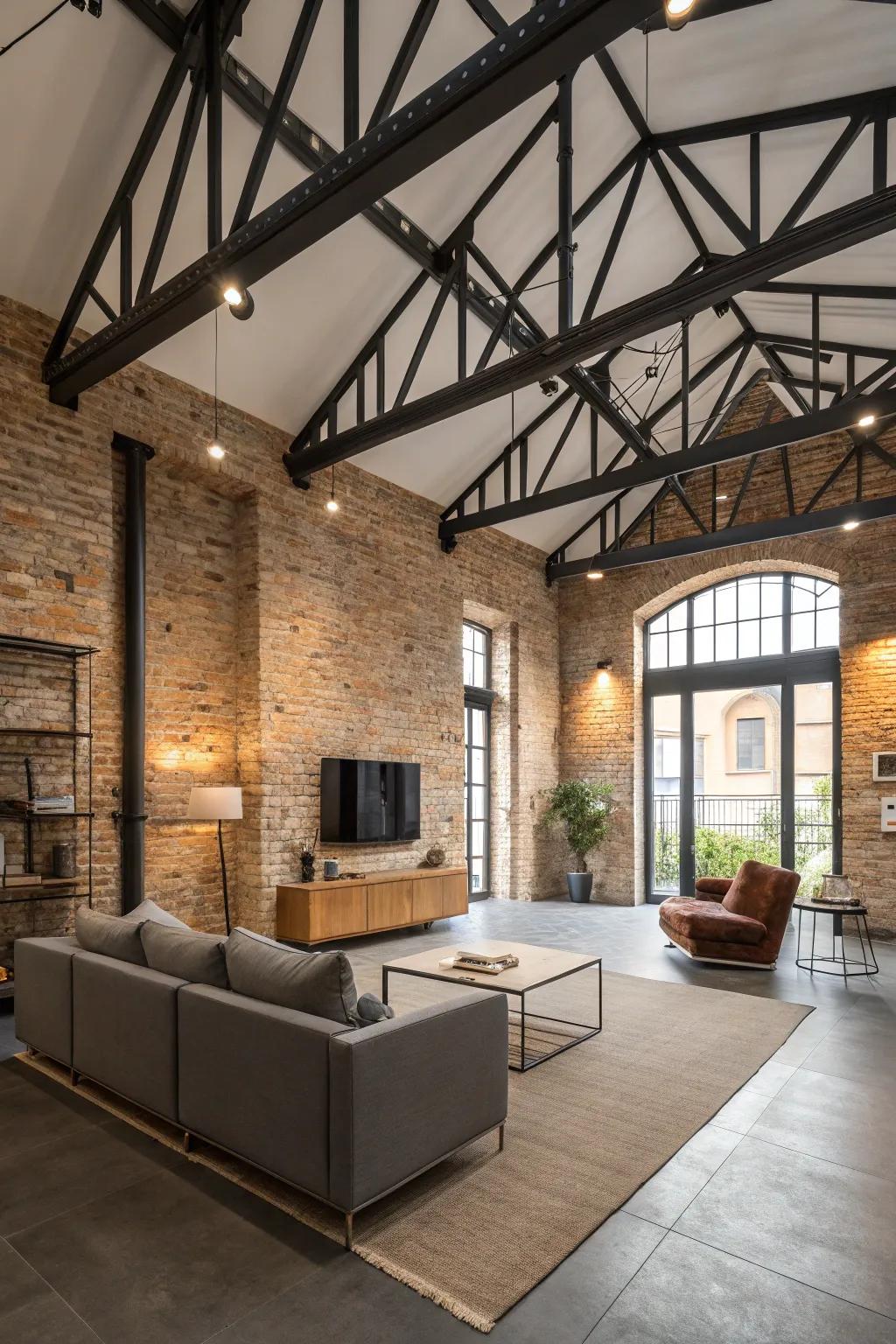 Industrial chic design featuring metal beams on a vaulted ceiling, ideal for urban lofts.