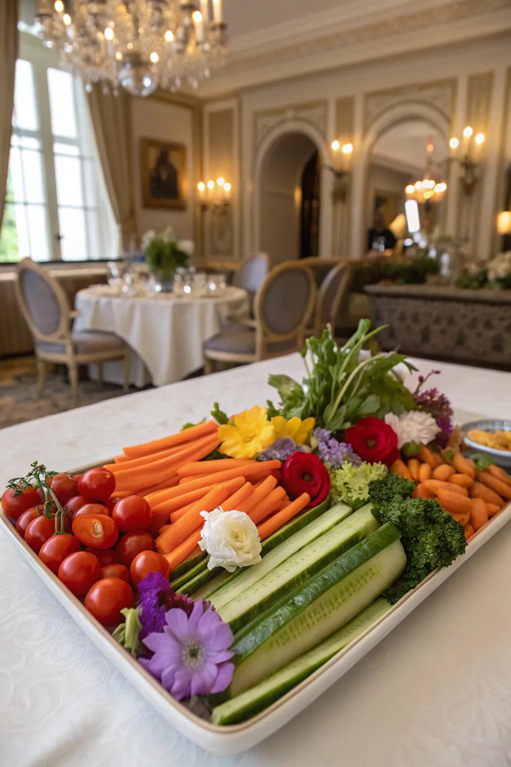 Vegetable arrangement enhanced with gourmet garnish blooms for added refinement.
