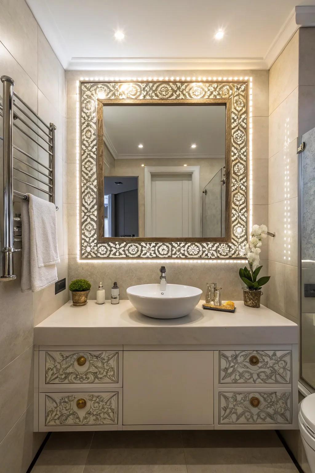 A striking mirror makes the space feel bigger and adds character.