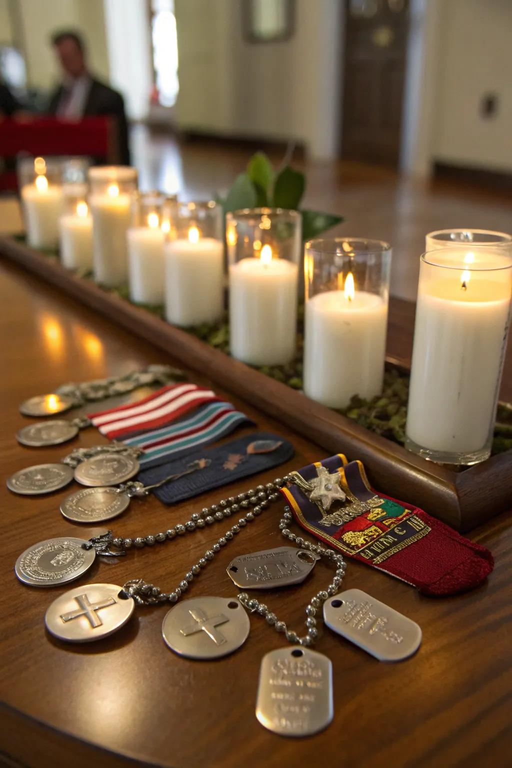 A centerpiece celebrating veterans featuring military mementos.
