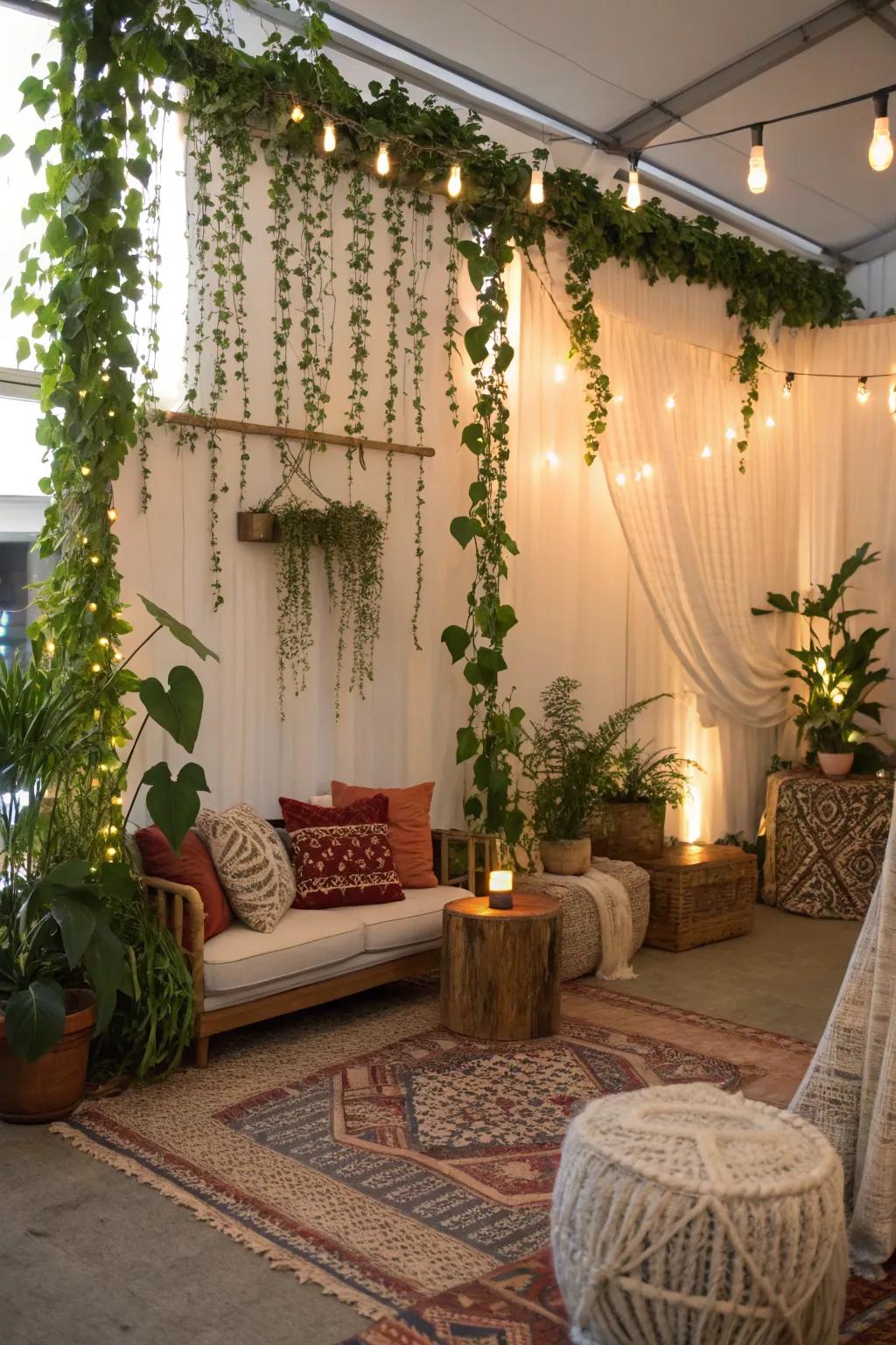 A bohemian wall adorned with cascading vines for a bold statement.