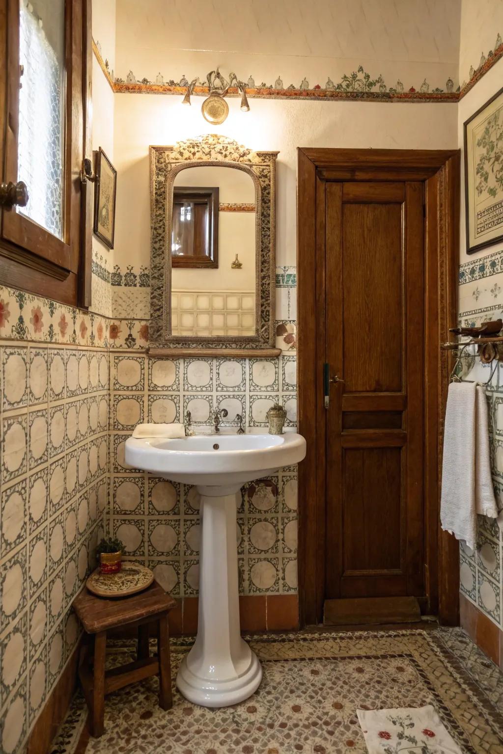 A pedestal sink introduces a classic impression to vintage bathroom ornamentation.