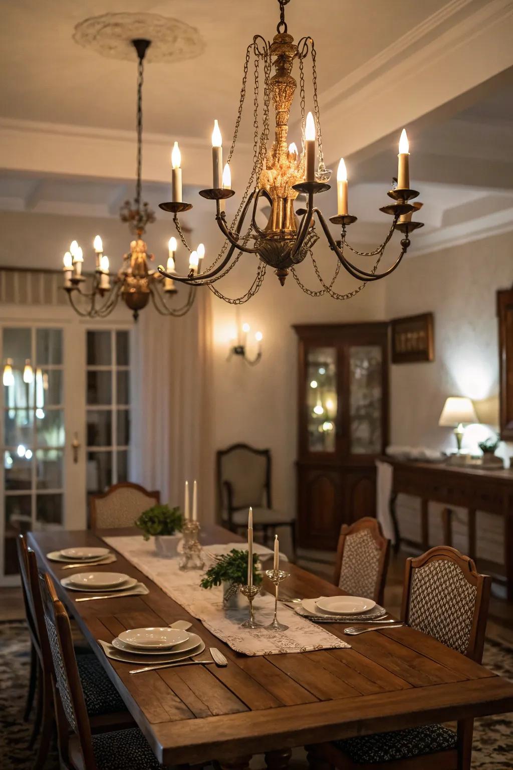 A classic candelabra infuses the dining chamber with unending allure.