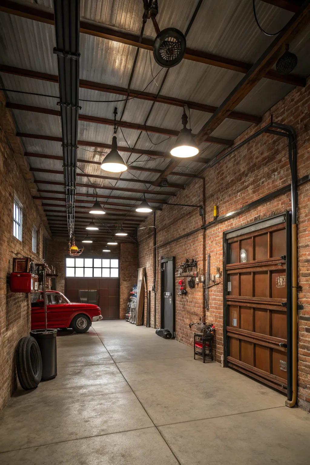 Industrial embellishments impart a robust, ageless aesthetic to a vintage garage.