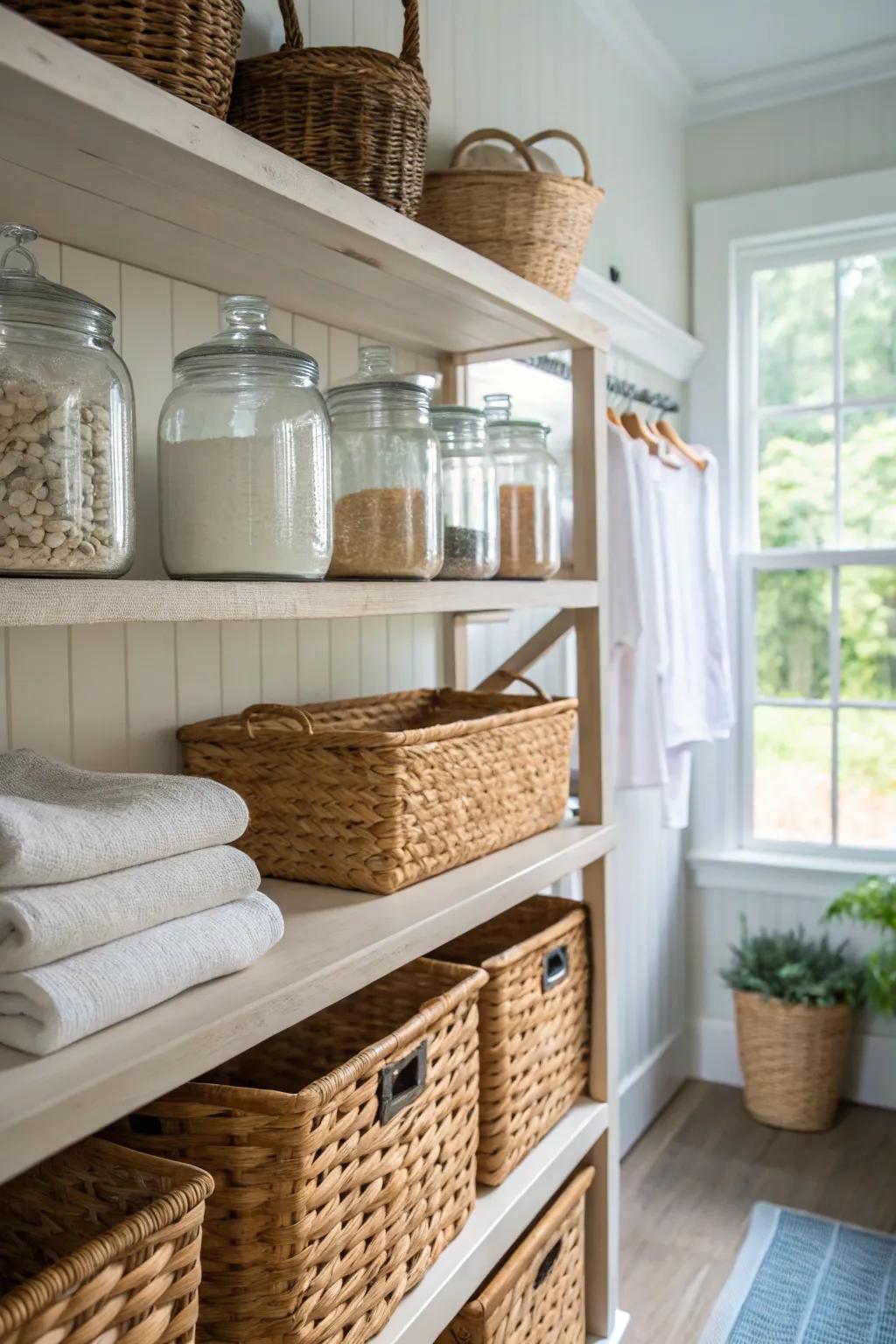 Open shelves showcasing a collection of classic jars and baskets.
