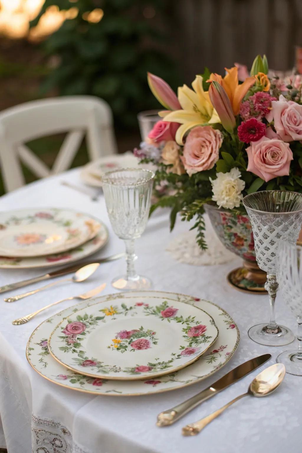 A sophisticated vintage table setup with floral and china elements.