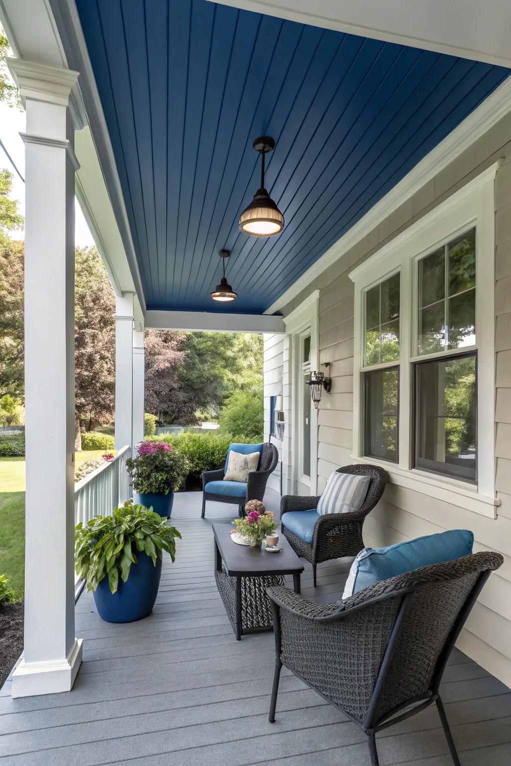 A vividly colored vinyl ceiling can render your porch truly one-of-a-kind.