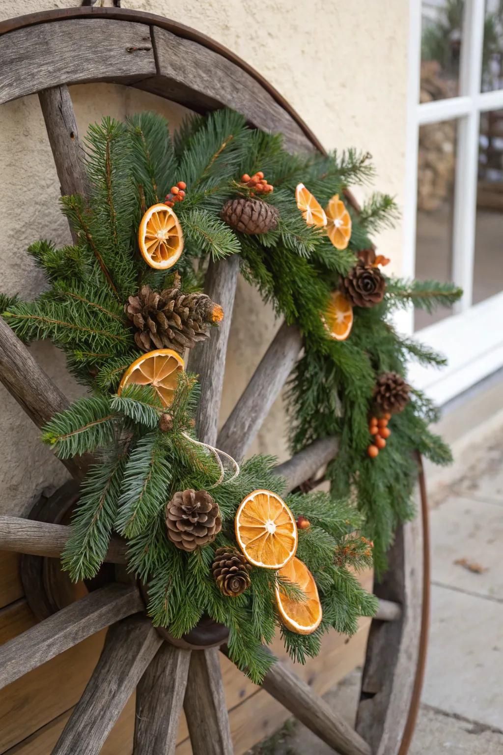 A wagon wheel adorned with pine and dried oranges, creating a festive holiday wreath.