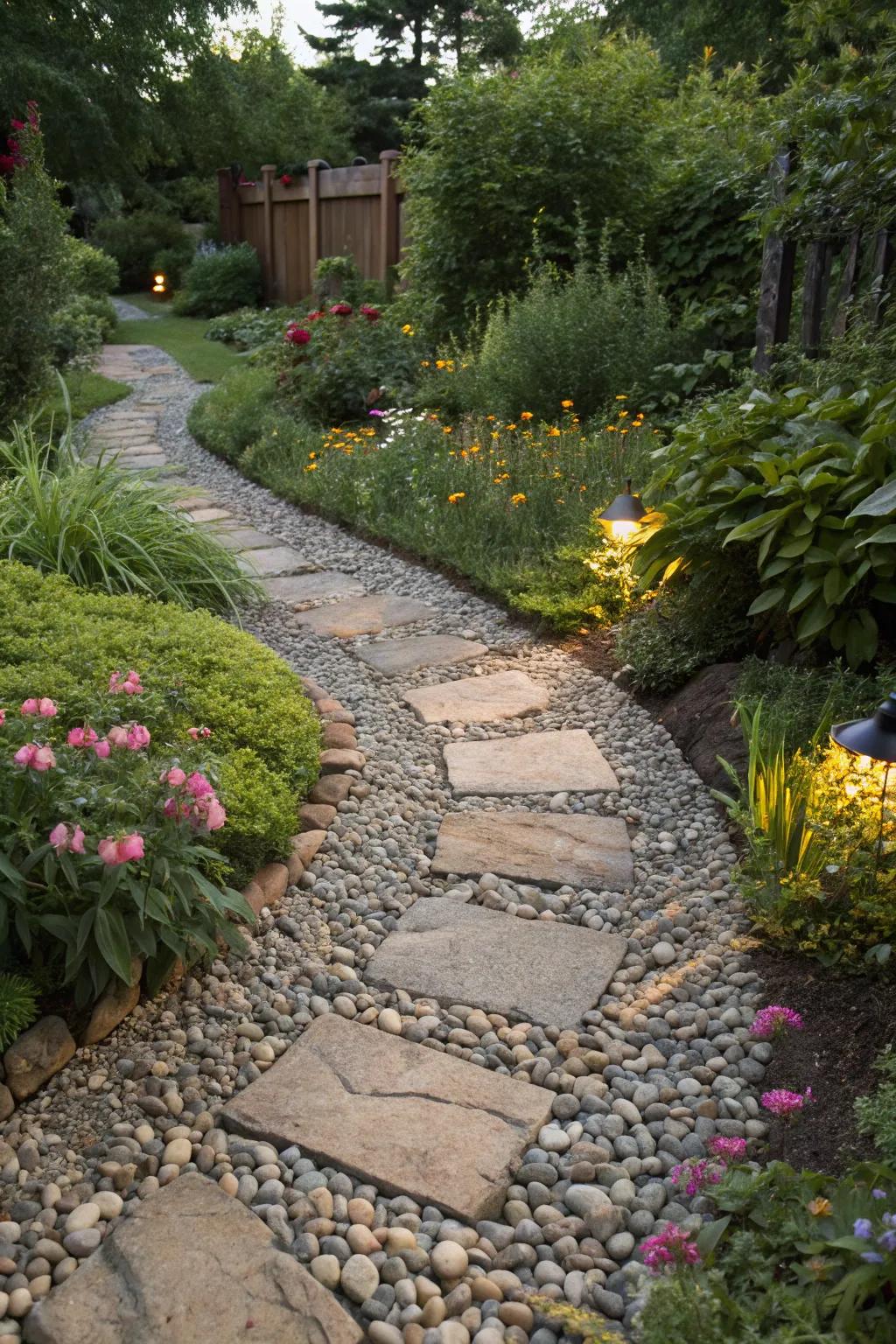 Mixed materials like gravel and stone add texture to your walkway.