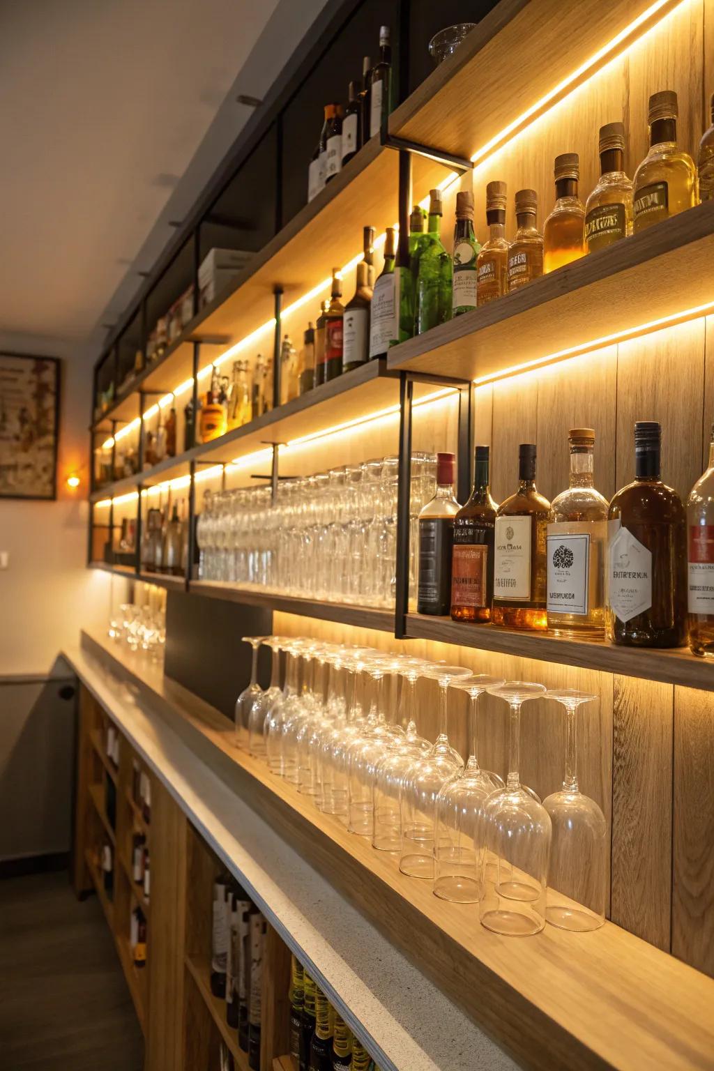Undershelf lights evoke a captivating and welcoming ambiance in your bar space.