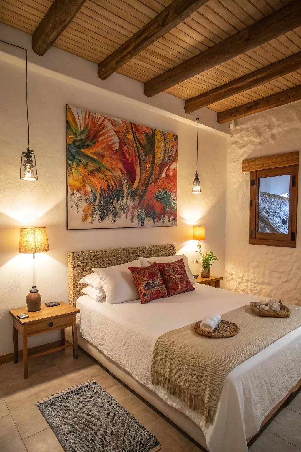A conceptual painting enlivens the space above the bed.