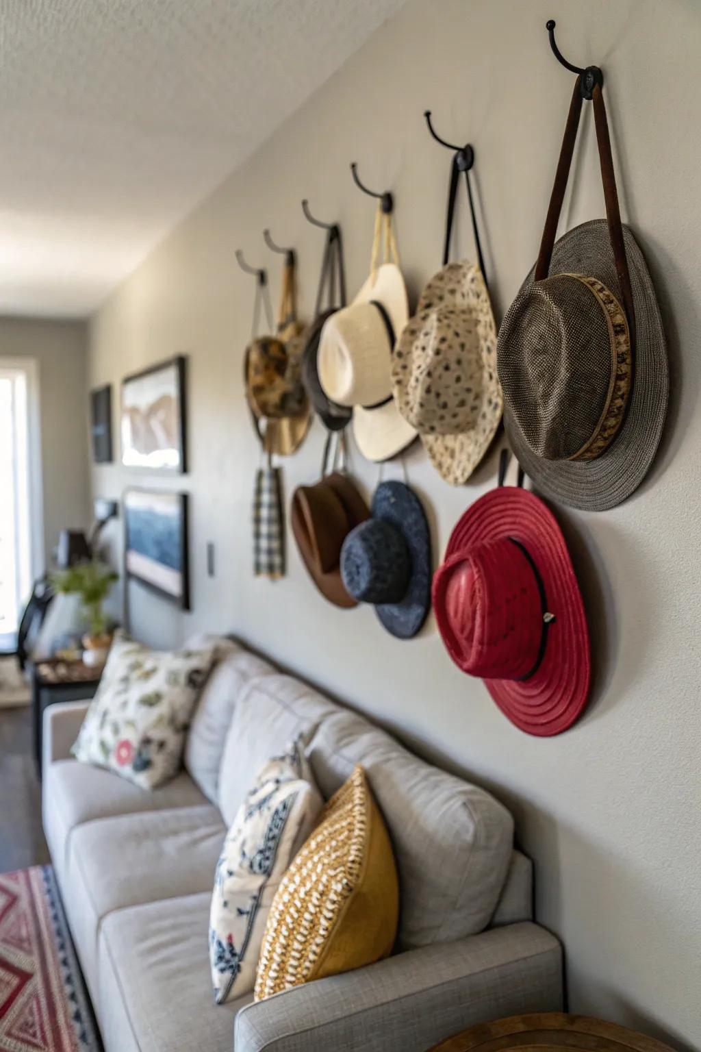 A gallery-inspired wall adorned with hats using ornamental fasteners