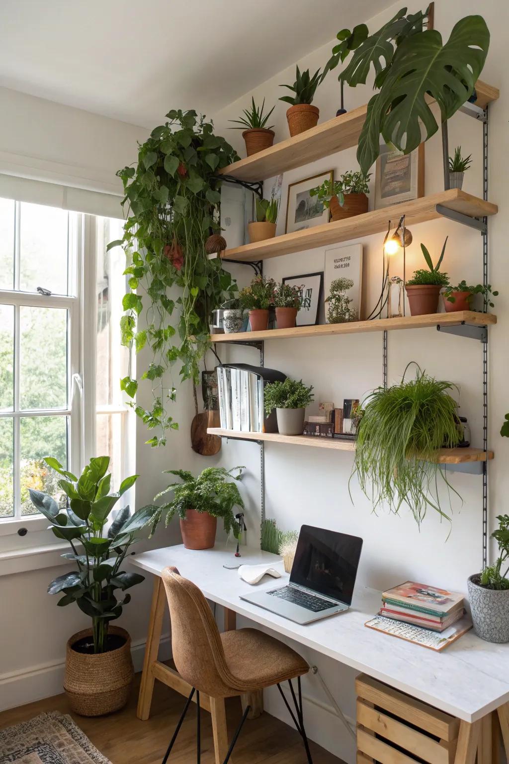 Wall-mounted shelves are perfect for showcasing your plant collection.