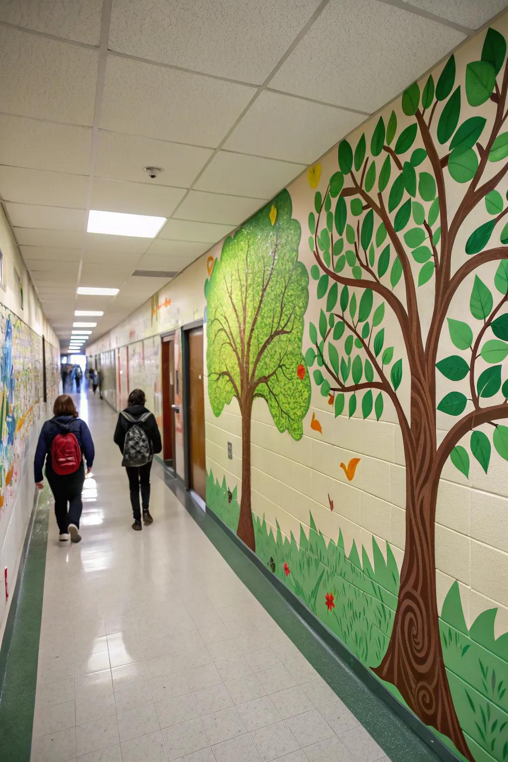 Nature-inspired surface designs create a new and calming sensation to this school passage.