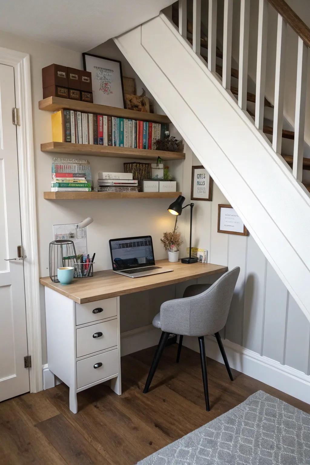 A small home office under the staircase maximizes utility.