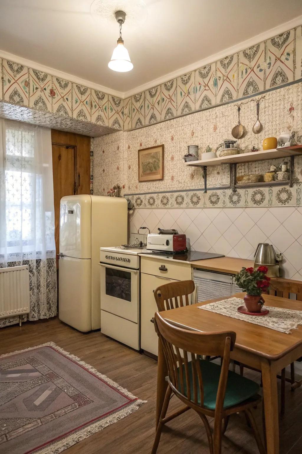 A kitchen exuding charm with a vintage wallpaper border.