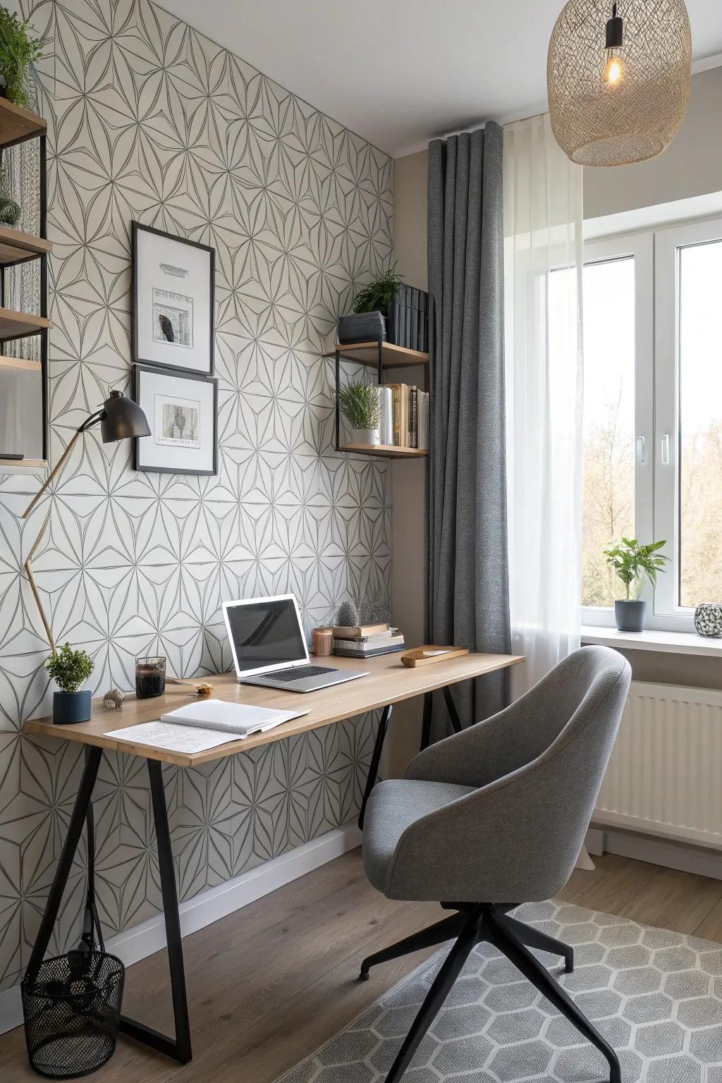 Geometric wallpaper adding modern charm to workspaces.