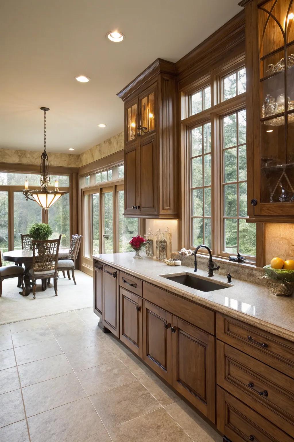 Natural light highlights the warm shades of darkwood cabinets.
