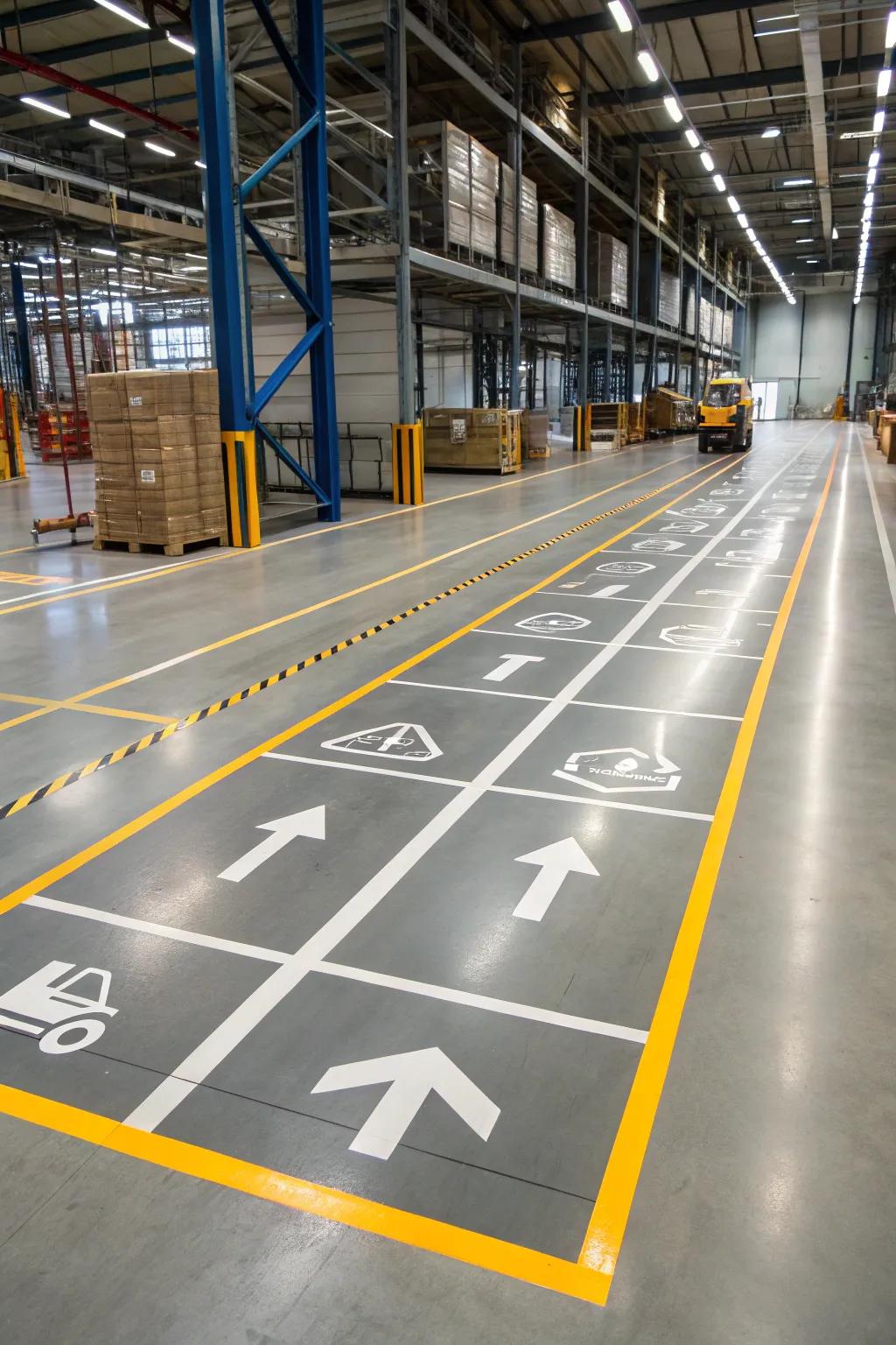 An easy-to-follow layout with designated routes enhances the efficiency of the warehouse.