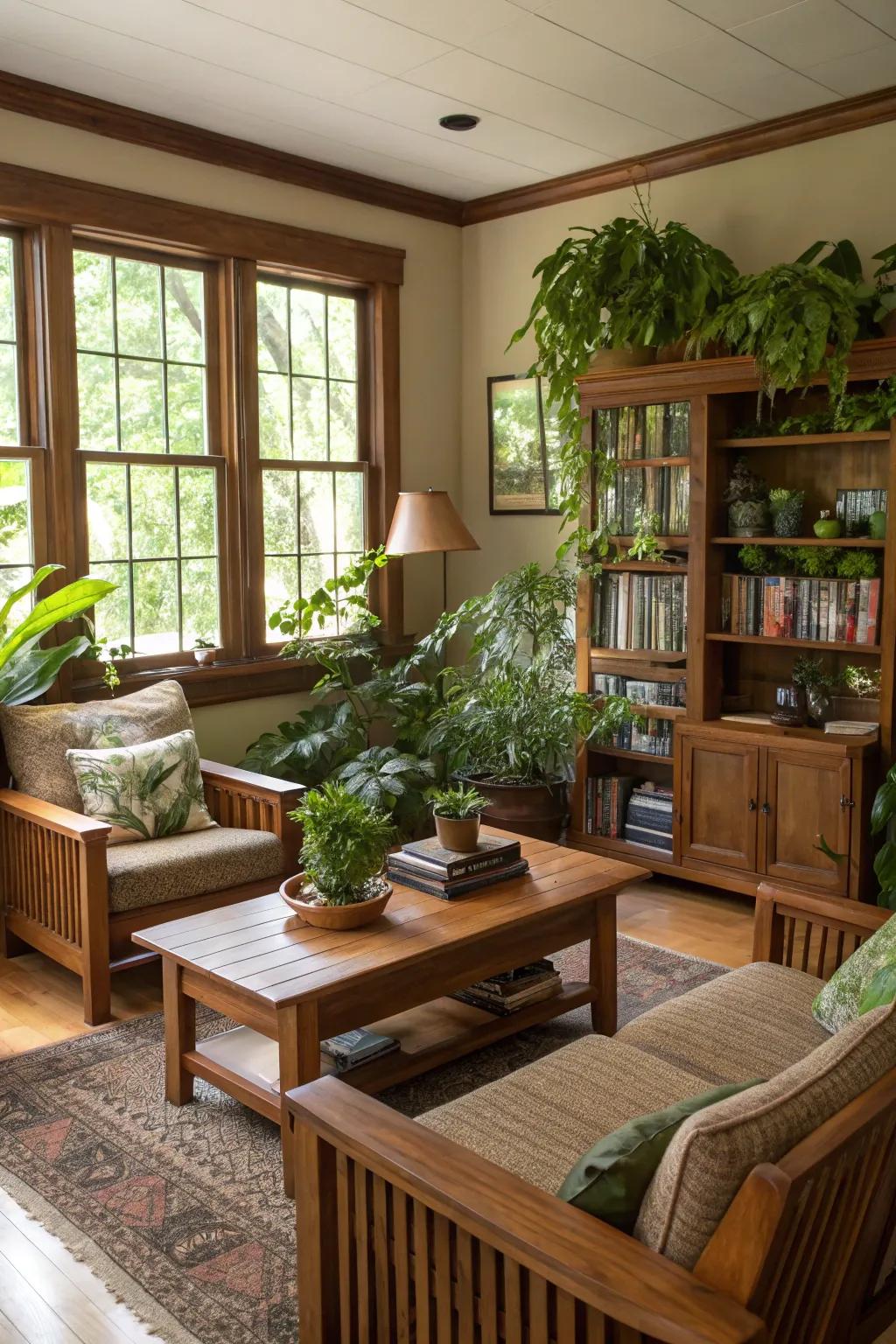 Natural elements such as timber and flora infuse an organic sensation into your room's aesthetic.