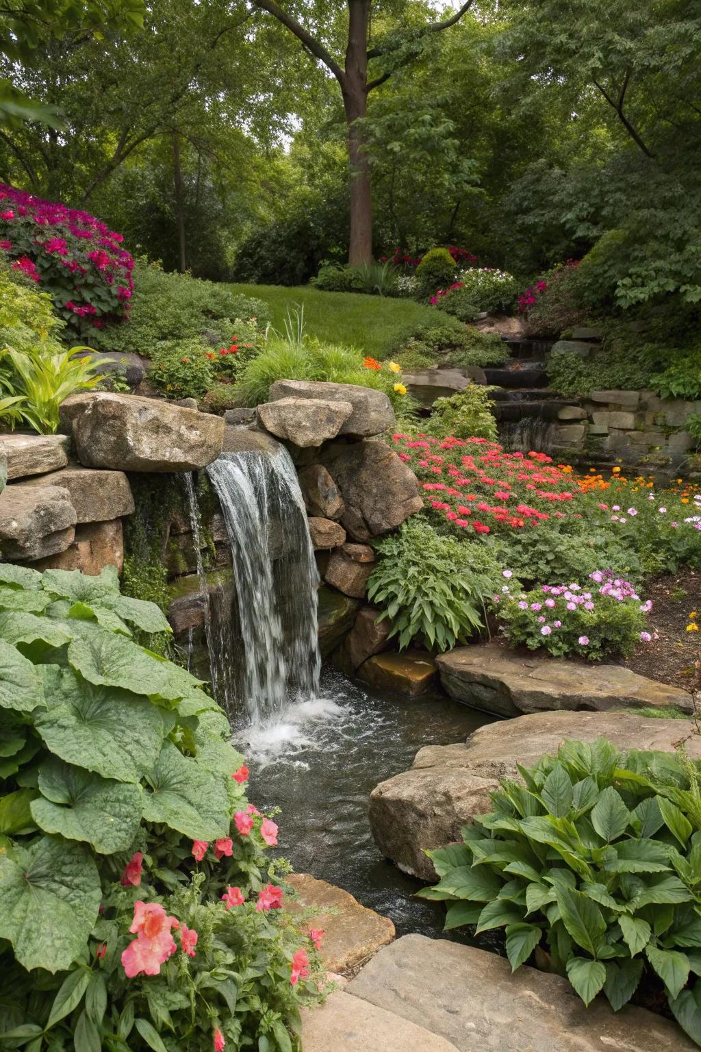 A seamless combination of rocks, flora, and flowers encircling a garden water feature.