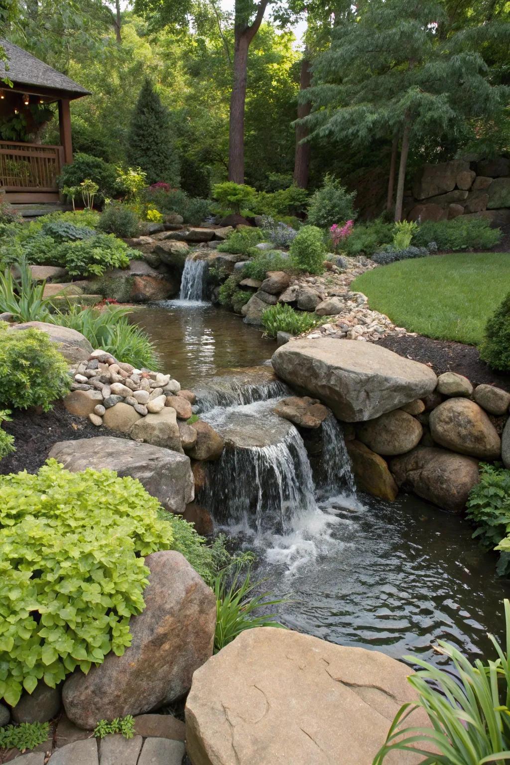 A backyard creek with a waterfall enlivens the landscape with dynamic motion.