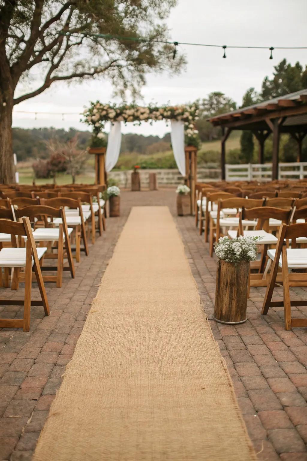 A rustic jute runner adds a charming touch to an outdoor aisle.