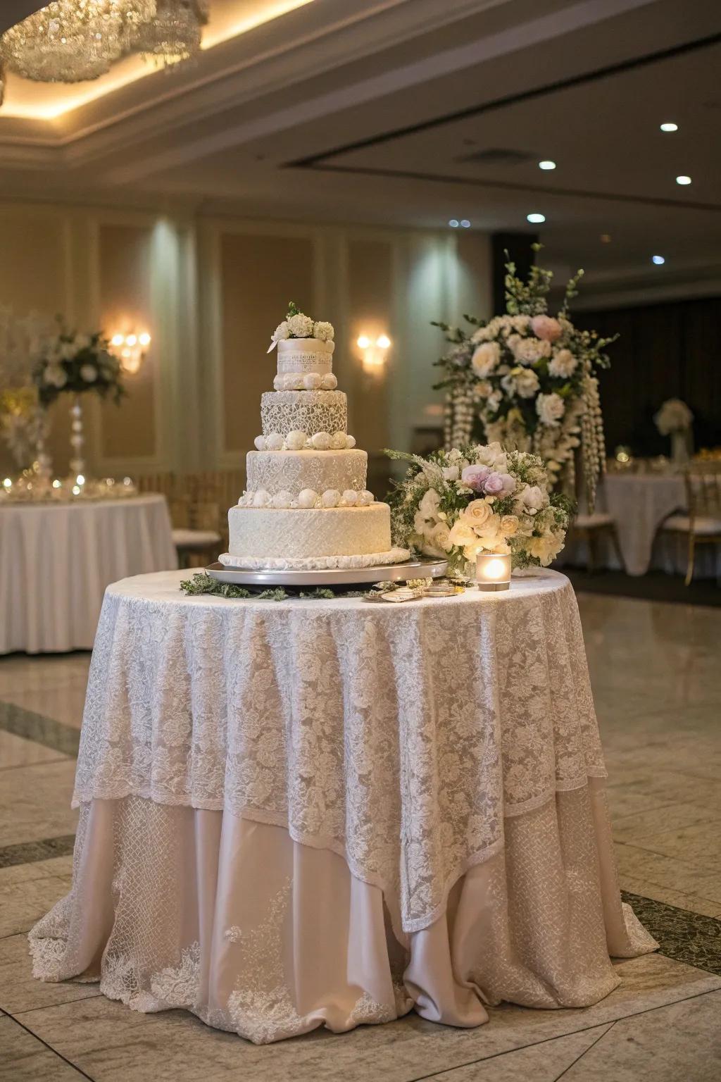 A wedding cake placed on a table adorned with elegant lace fabrics.